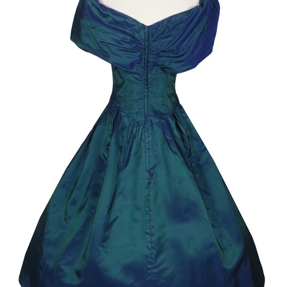 Vintage 80s 90s Dark Blue Green Taffeta Full Skirt Bow Prom Party Dress S Small - Picture 5 of 10